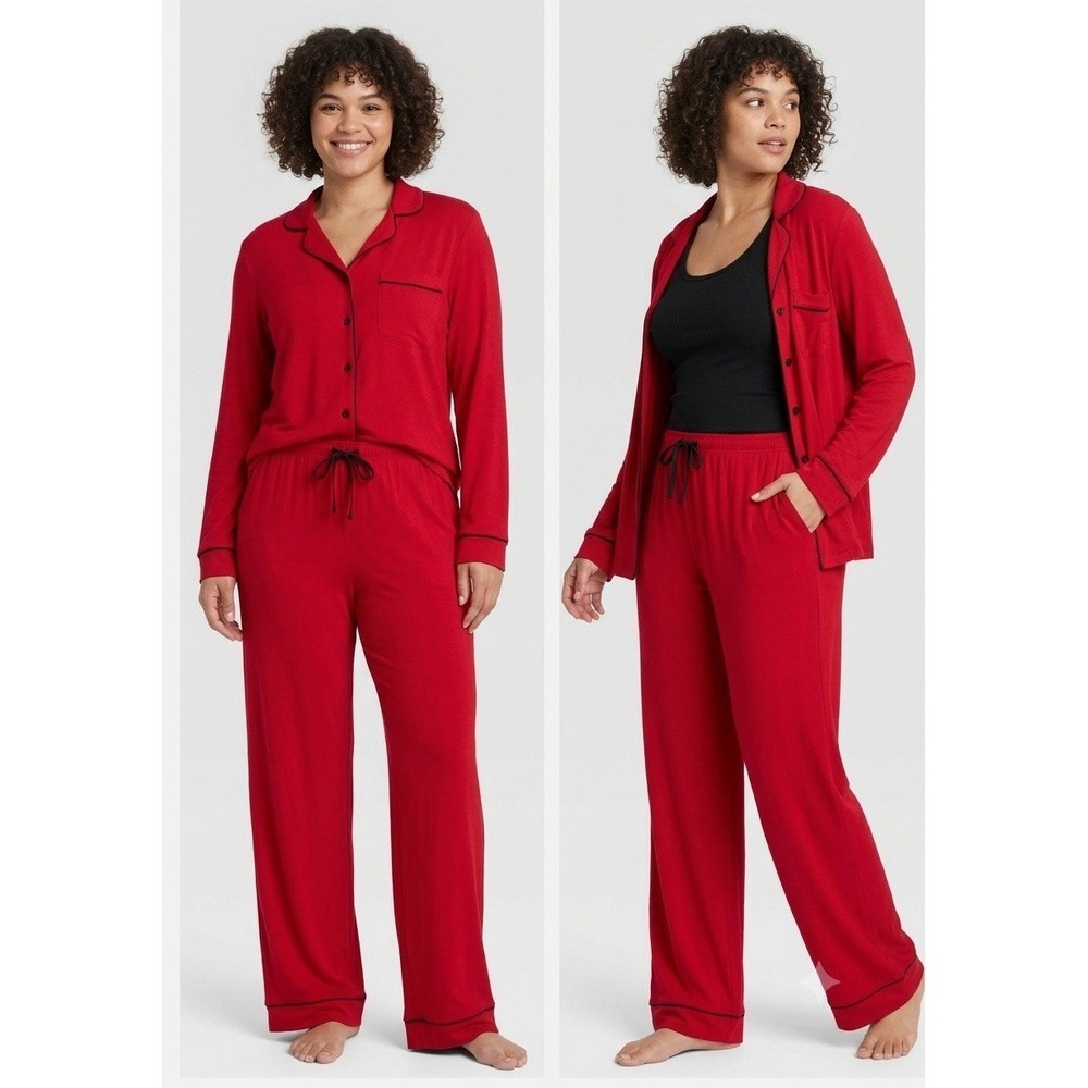 NEW Auden Cloud Knit Modal Long Sleeve Notch Collar Red Pajama Set Size XXL